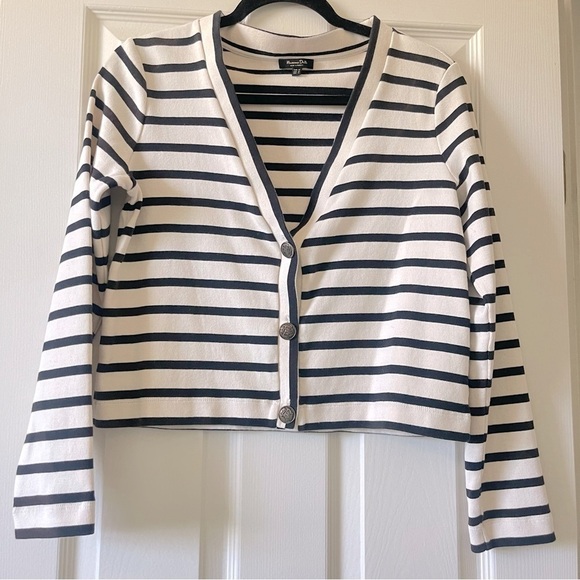 Massimo Dutti Button Front Cardigan Women M V Neck Striped Cotton Cream Black - Picture 3 of 15